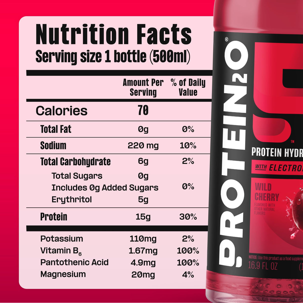Protein2o Hydration Drink - 2-in-1 Liquid Clear Whey Protein Isolate and Electrolyte Drink - 15g Protein, Vitamins B5, B6 - Post-Workout Recovery - 16.9 Fl Oz - 12 Count Wild Cherry