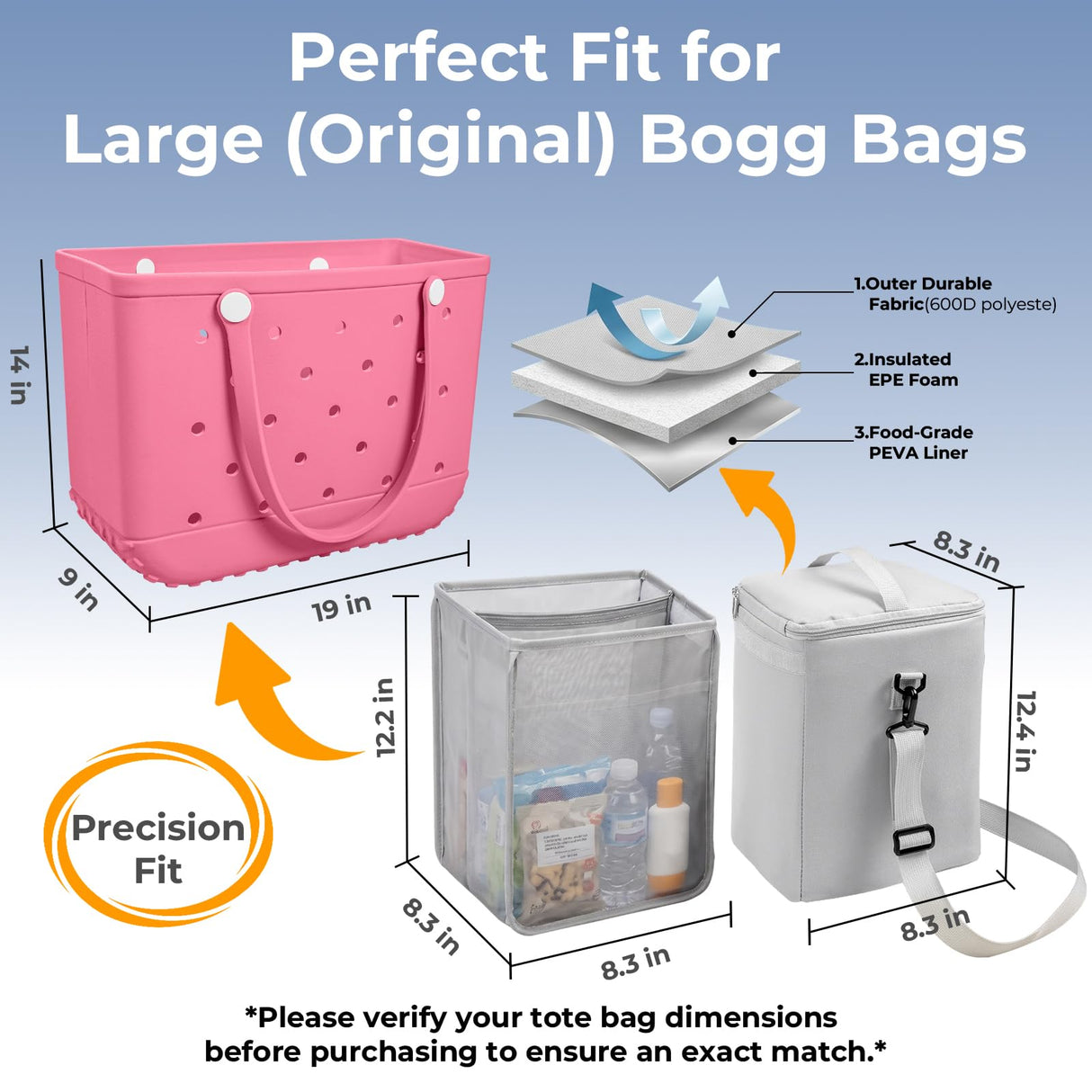 Bogg Bag Cooler Insert, 2-in-1 Insulated Cooler & Mesh Organizer for Large Bogg Bag, Leakproof PEVA Cooler Bag with Strap, Large Rubber Beach Bag Accessories for Beach, Pool, Camping & Travel(Gray)