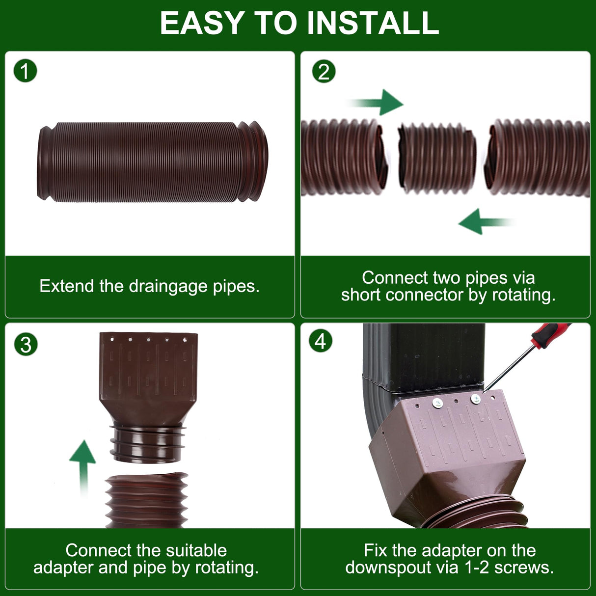 2 Pack Rain Gutter Downspout Extensions, Upgraded Flexible Drain Down Spout Extender for Rain Water Drainage, Each Extendable from 20" to 66", Combine to 10 ft with Connector(Brown)