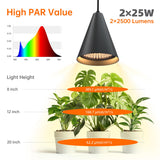 Bstrip 50W Double-Head One Cord Grow Lights for Indoor Plants full Spectrum 3000K, Black LED Grow Light Bulb with Timer & 16.4FT Power Cord, Perfect for Tall Plants, Flowers, and Greenhouses in Winter