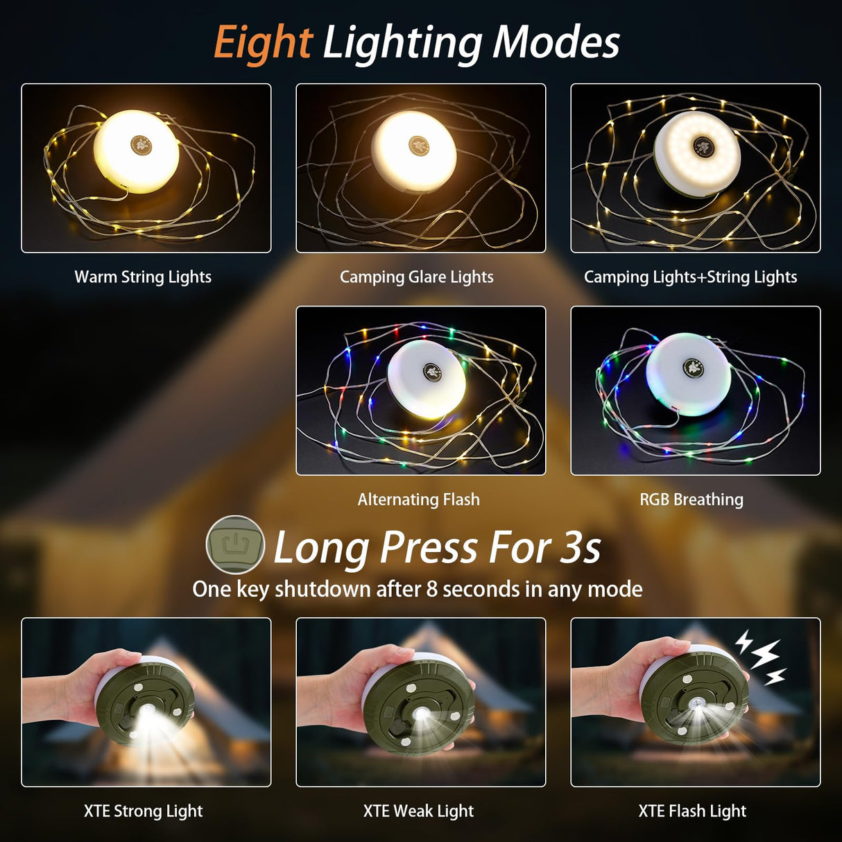 2-Pack Camping String Lights, 4 in 1 Portable Camping Light Rechargeable, 8 Lighting Modes, USB Charging, Quick Storage, 32.8FT Waterproof Tent Lights String for Camping, Hiking, Yard, Christmas