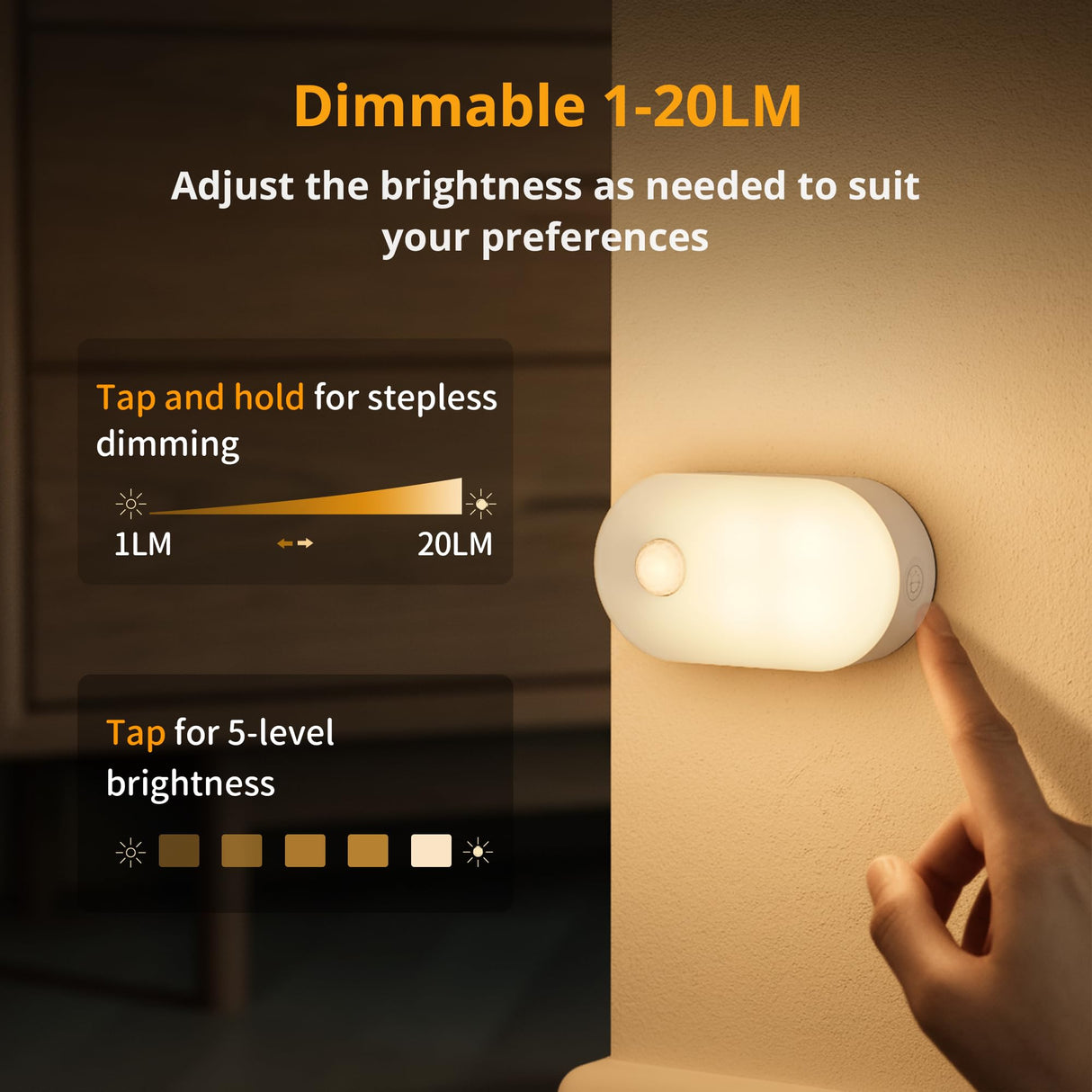 Lyridz Rechargeable Battery Night Light with Motion Sensor, Portable Mini Warm White LED Stick-on Closet Light, Adjustable Brightness for Bathroom, Bedroom, Kitchen, Cabinet, Stairs, Hallway, 2-Pack