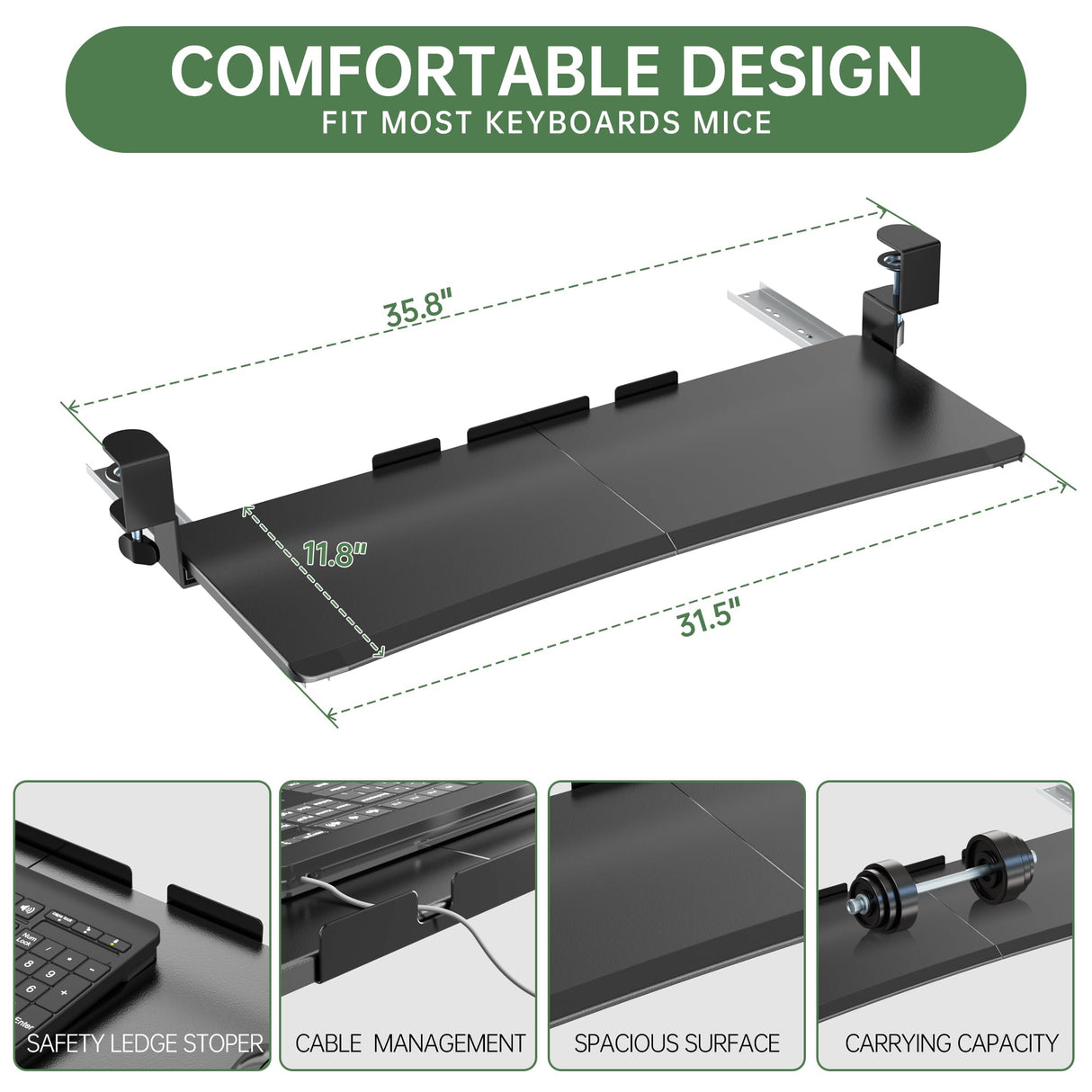 UPGRAVITY Extra Large Keyboard Tray Under Desk - Slide Out with Sturdy C-Clip Mount System, 31.5" (35.8" Including Clamps) x 11.8" Put-Out Keyboard Tray Computer Drawer for Ergonomic Typing, Black