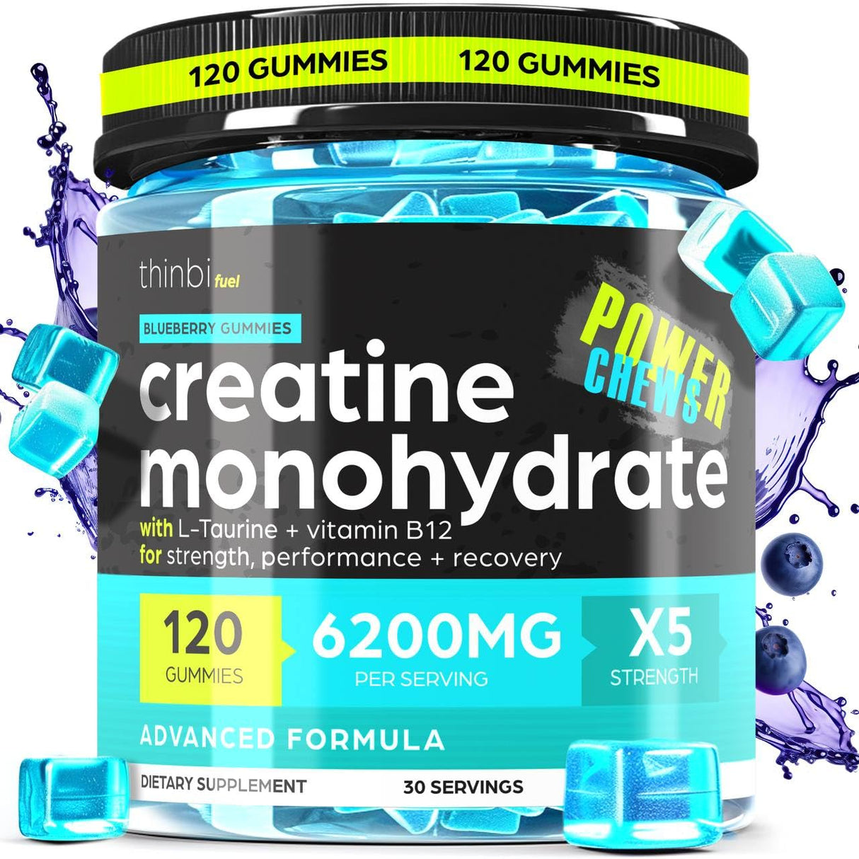 3 Pack Creatine Monohydrate Gummies Complex 6200mg for Men & Women - 120 Gummies Advanced Formula W/L-Taurine + Vitamin B12 for Muscle Strength, Muscle Builder, Energy Boost, Pre-Workout Supplement - Thinbi