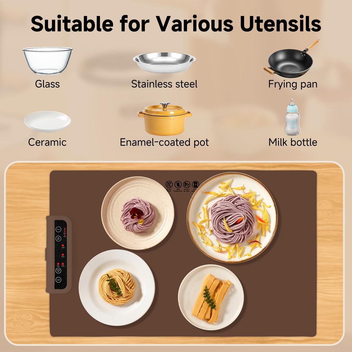 Warming Mat for Food-Electric Warming Tray with Time Moders Locking Function Adjustable Temperature Control Foldable Silicone Heating Tray for Parties, Restaurants, Buffet Brown