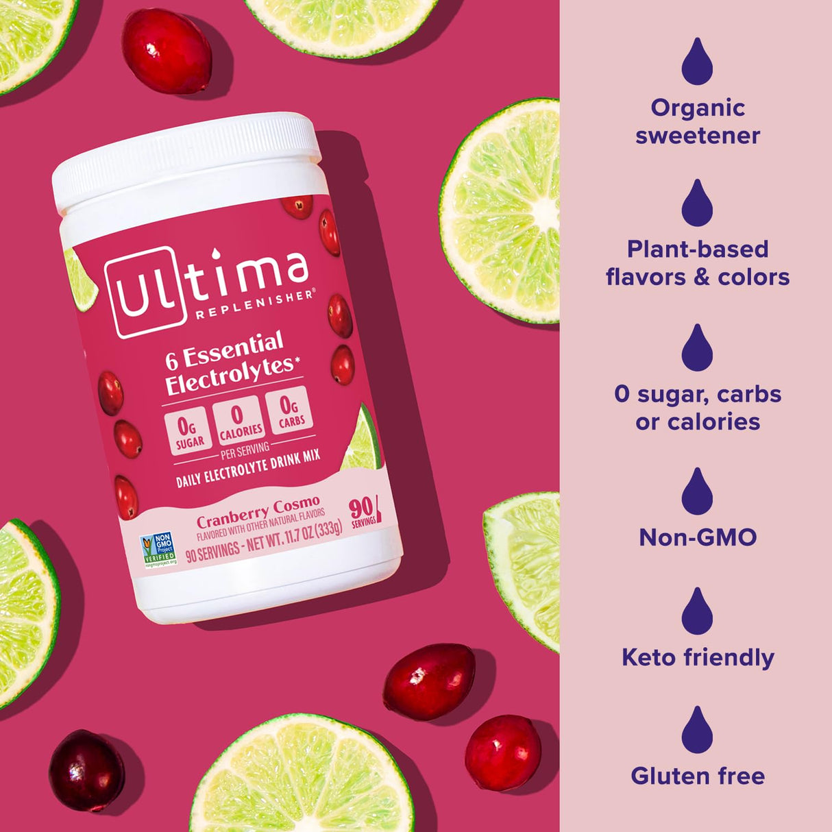 Ultima Replenisher Daily Electrolyte Powder Drink Mix – Sugar Free – Cranberry Cosmo, 90 Servings – Hydration Powder with 6 Key Electrolytes and Trace Minerals – Keto Friendly, Non-GMO