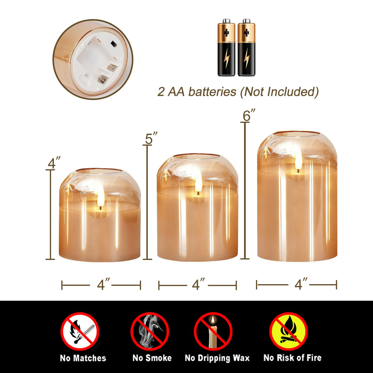 Homemory Glass Flameless Candles, Battery Operated Plliar Candles Realistic Flickering, LED Electric Light with Remote and Timer for Home, Christmas Decoration, Gold, Set of 3