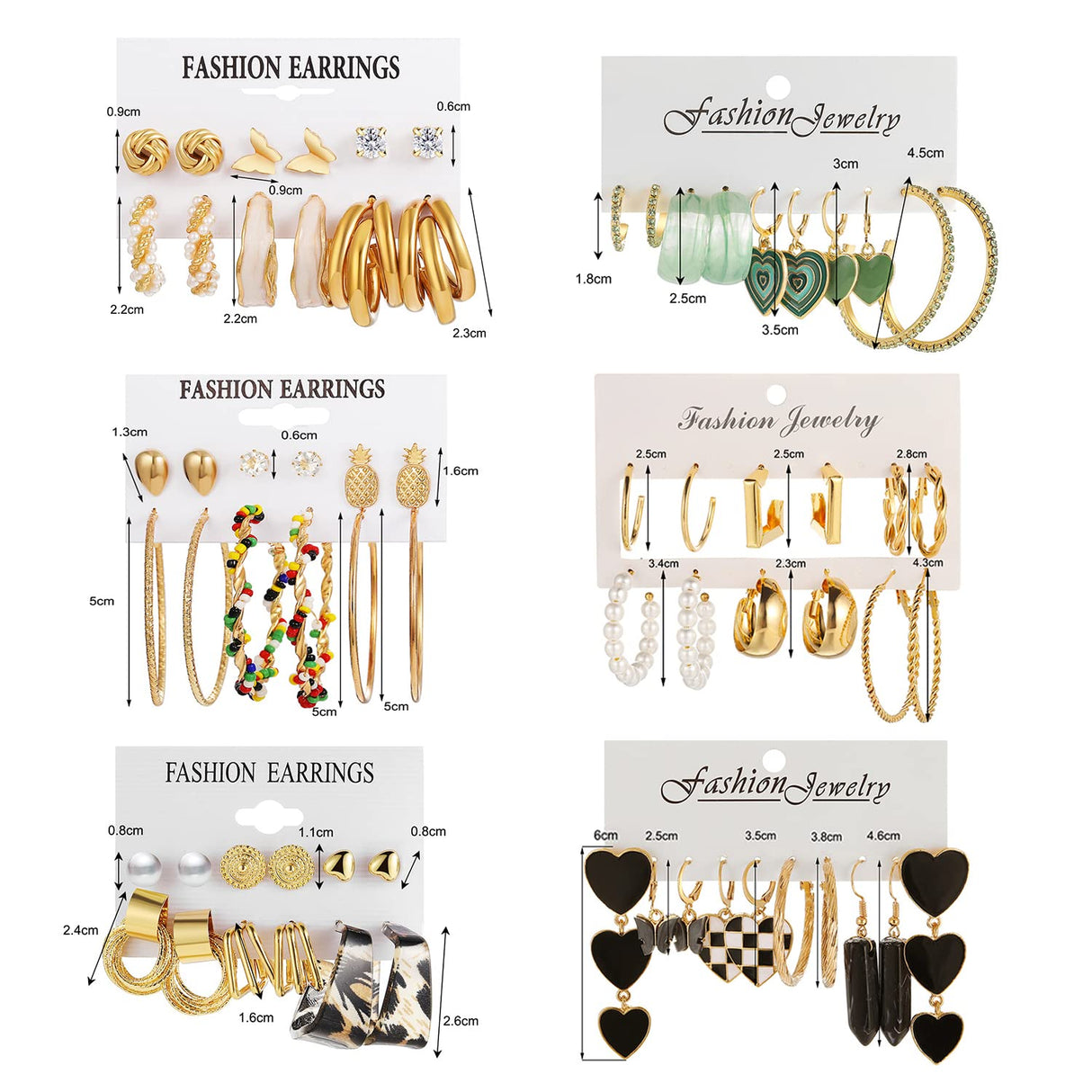 JMScape 34 Pairs Gold Hoop Earrings Set for Women, Fashion Drop Dangle Packs Black Hearts Multipack Hypoallergenic for Valentine's Day Gifts