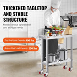 VEVOR Stainless Steel Work Table 30 x 12 x 34 Inch, 700 LBS Load Capacity with 4 Wheels, 3 Adjustable Height Levels, Heavy Duty Food Prep Worktable for Commercial Kitchen Restaurant, Silver
