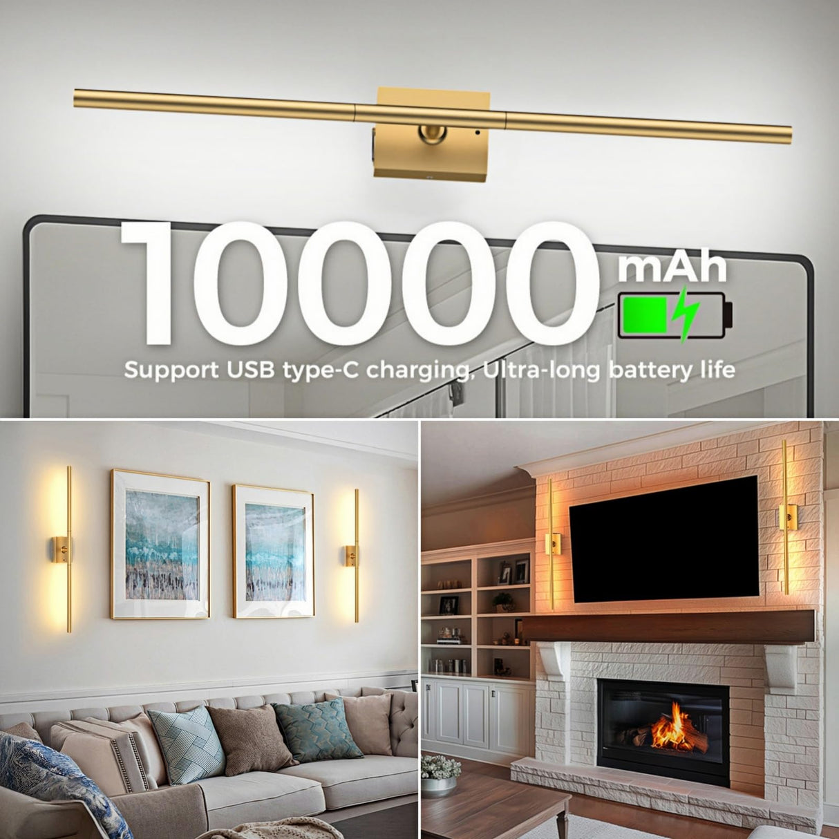 Battery Operated Wall Sconces Set of Two: Dimmable Wireless Wall Lights with Remote, 31-inch LED Rechargeable Sconces, 360° Lighting Wall Scone Decor for TV, Mirror, Bedroom, Living Room(Gold)