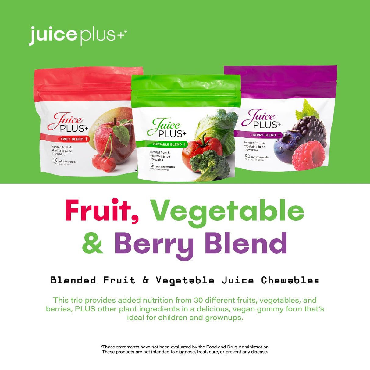 JuicePlus+ Fruit, Vegetable & Berry Blend Soft Chews (Chewables) - 30 Plant-Based Ingredients! Vegan Gummies for Kids & Adults - Gluten-Free, Non-GMO, No HFCS - Prepacked 3 pouches (30 Adult Servings Each)