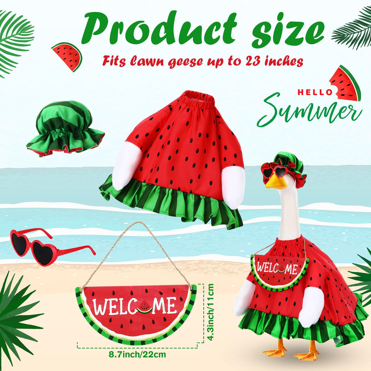 Sunnymove Summer Watermelon Porch Goose Outfits Summer Dress with Frilled Hat & Skirt Welcome Wooden Sign Fits 23" Cement Goose Statue Outdoor Garden Yard Patio Lawn Decor(Watermelon)
