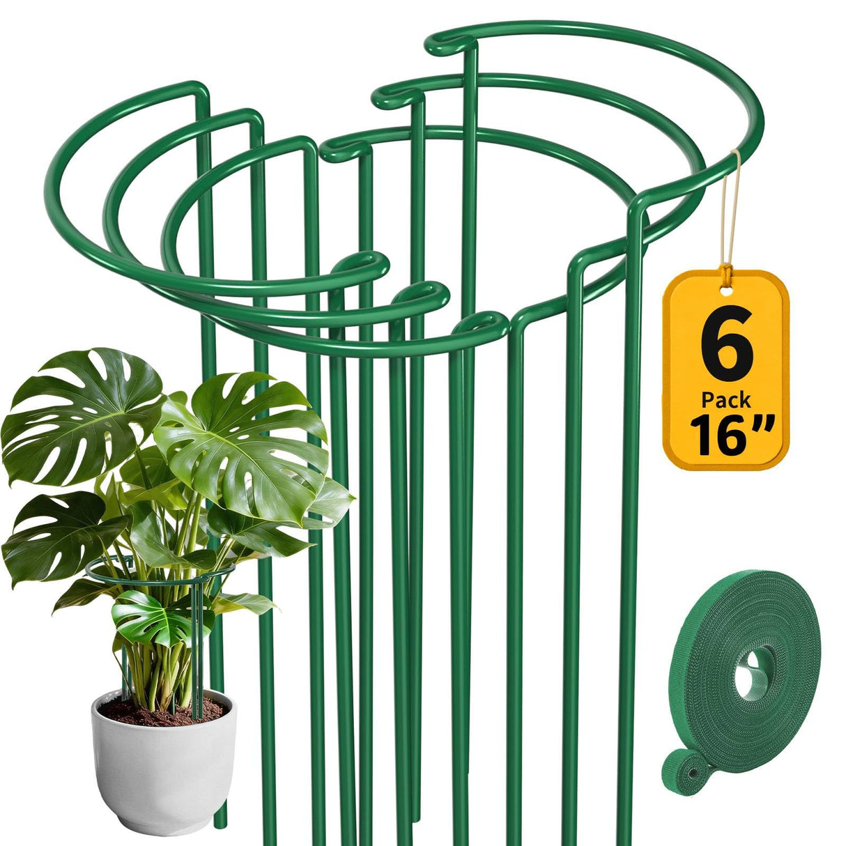 AMAGABELI 6 Pack 16 Inch Plant Support Stakes Peony Cage Heavy Duty Ring Metal Garden Support Structures Plant Cage with Ties for Indoor Flower Outdoor Tomato Hydrangea Monstera