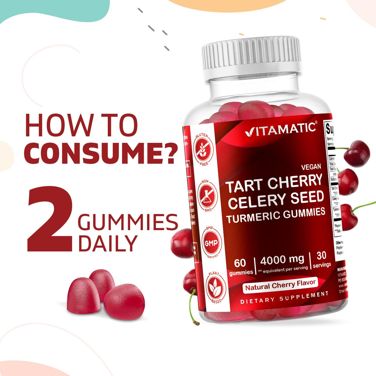 Vitamatic Tart Cherry with Celery Seed Gummies – 4000mg Equivalent Per Serving (from 10:1 Extract, 400mg) - 2-Pack