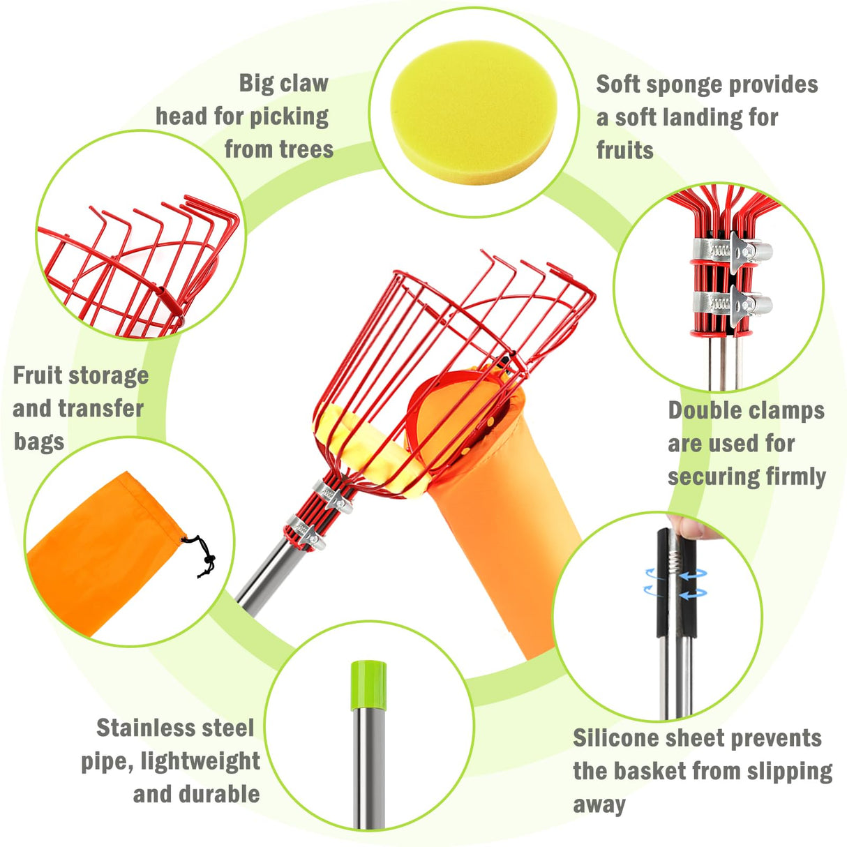 UQM 12.8FT Fruit Picker Pole Adjustable with Basket Harvest Bag