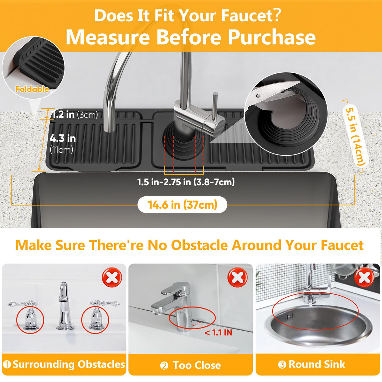 14.6 inch Faucet Mat for Kitchen Sink Splash Guard[7° Slope Fast Self-draining][Snap Lock Fit]Kitchen Sink Faucet Mat Splash Guard Kitchen Sink Area Water Splash Guard Behind Faucet Draining Mat