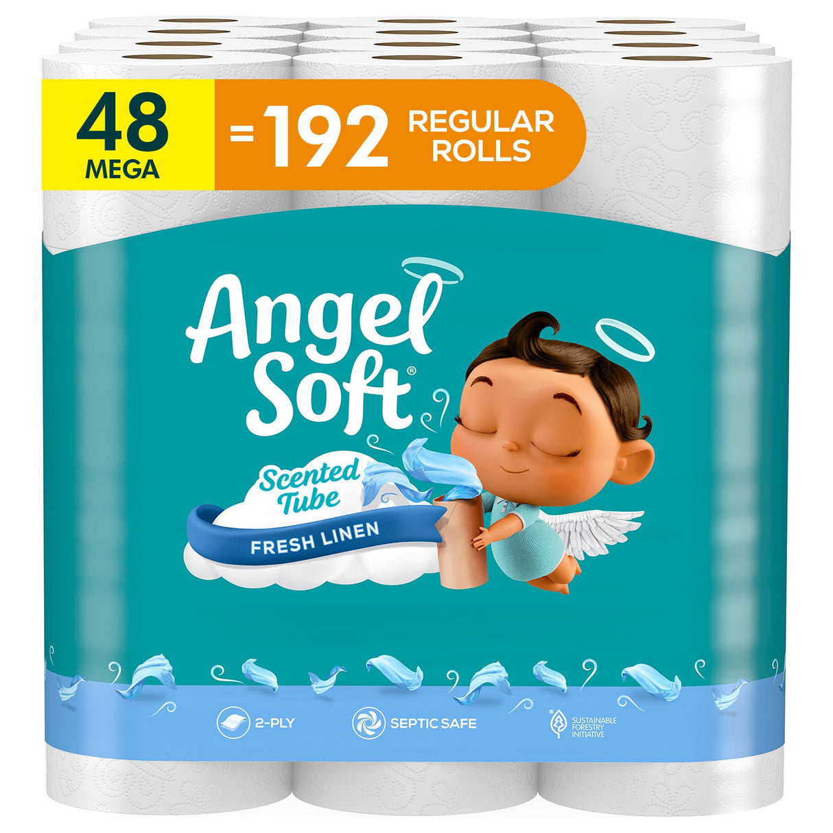 Angel Soft Toilet Paper with Fresh Linen Scented Tube, 48 Mega Rolls = 192 Regular Rolls, Soft and Strong Toilet Tissue