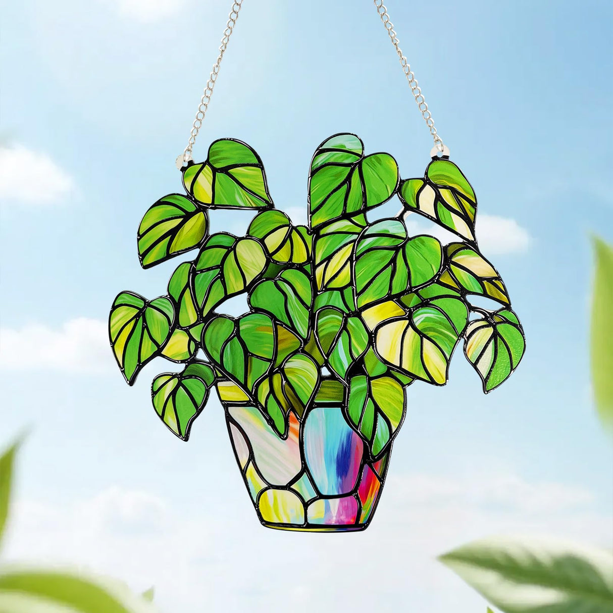 Stained Glass Plant Suncatcher Window Hanging, Marzovitra 10 Inch Real Glass Potted Green Leaves Sun Catcher with Chain Botanical Sun Catcher Window Decor for Home Garden, Plant Lover Gift