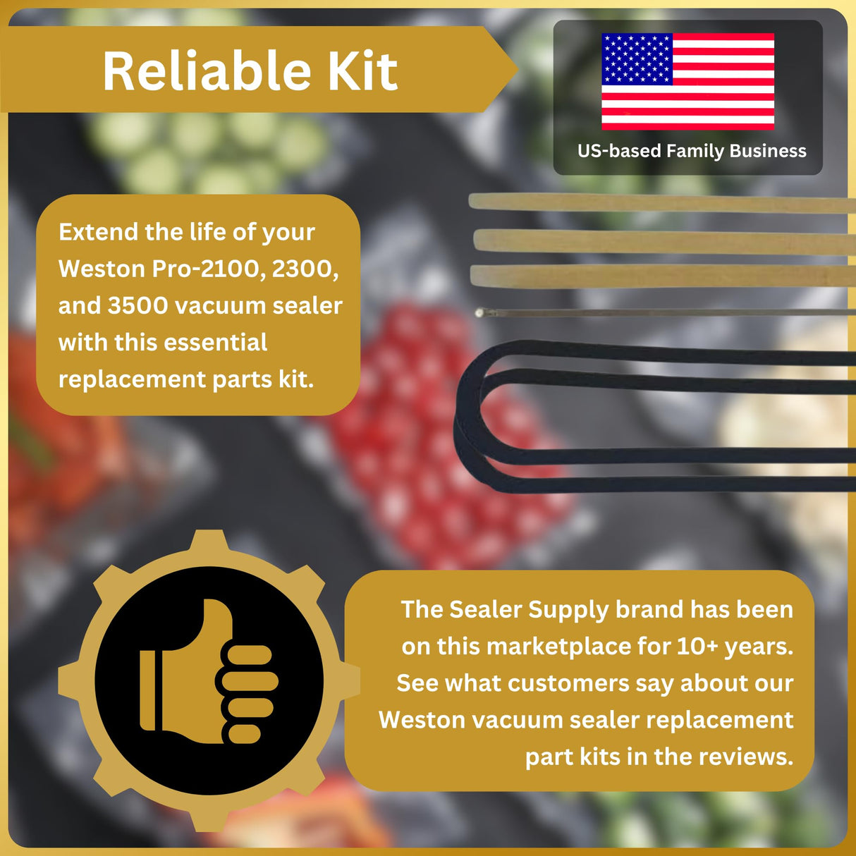 Sealer Supply Maintenance Parts Kit Compatible with Weston PRO-2100, PRO-2300, PRO-3500 Models - Includes 2 Chamber Seals, 3 PTFE Seal Bar Tapes & 1 Heat Wire - Weston Pro Vacuum Sealer Parts