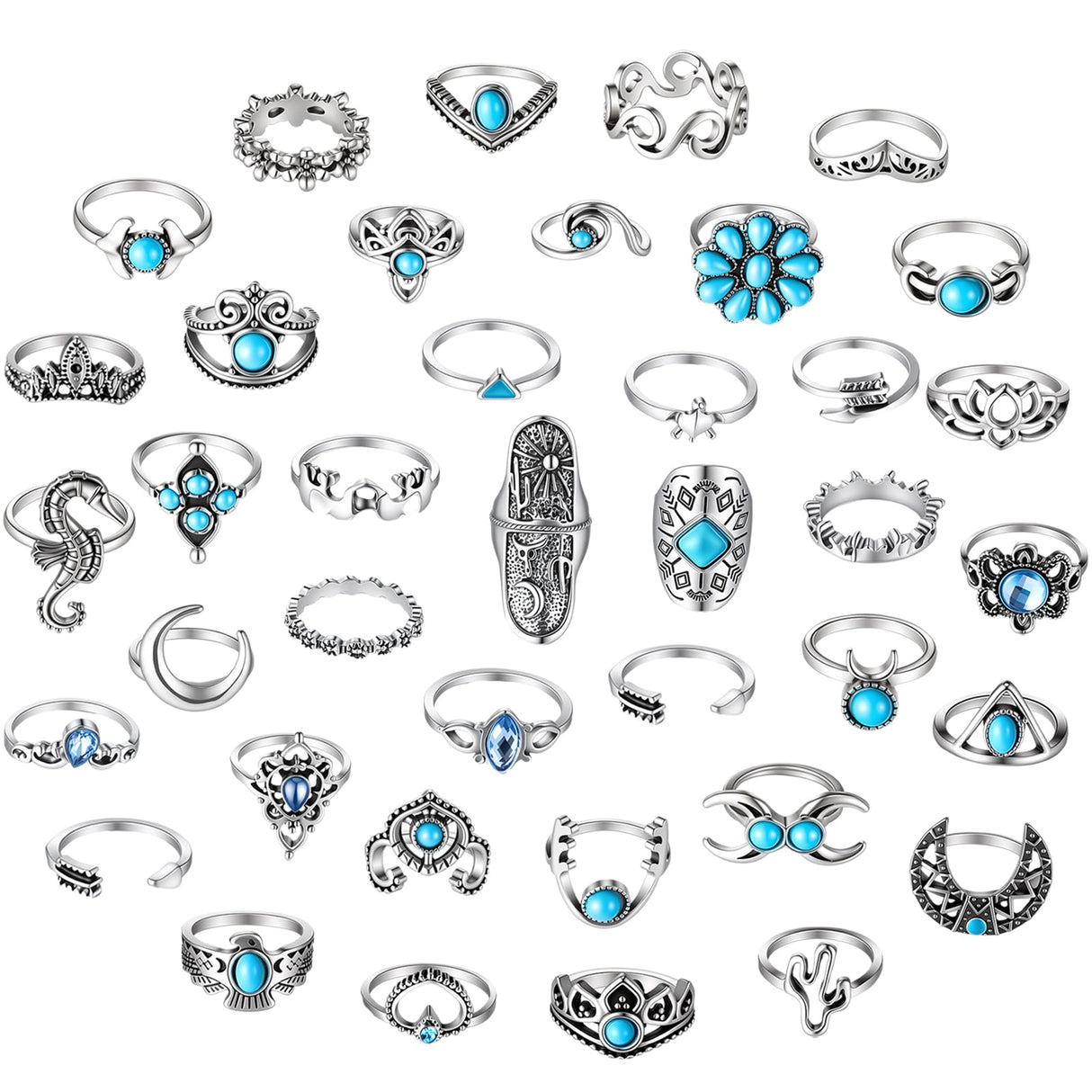Kigeli 78 Pcs Vintage Turquoise Rings Set Women Western Bohemian Silver Oval Gemstone Boho Joint Knuckle Midi Stacking Rings for Women and Girls