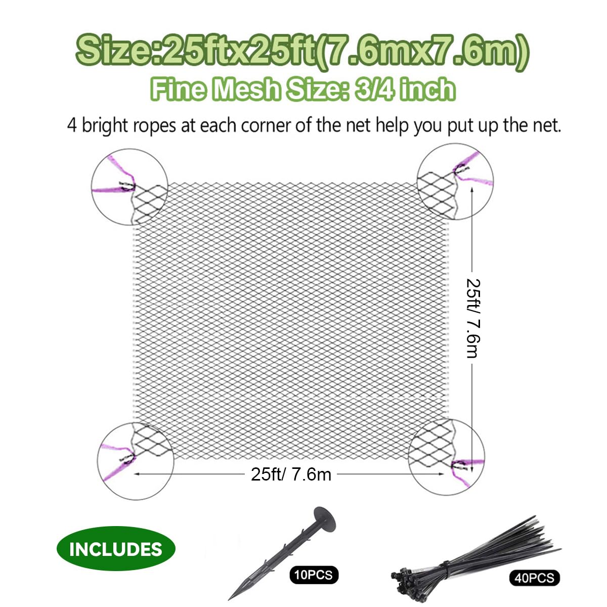 OGORI 25' x 25' Bird Netting Heavy Duty Nylon 3/4" Mesh Garden Netting Protect Fruit Trees, Plants and Vegetables