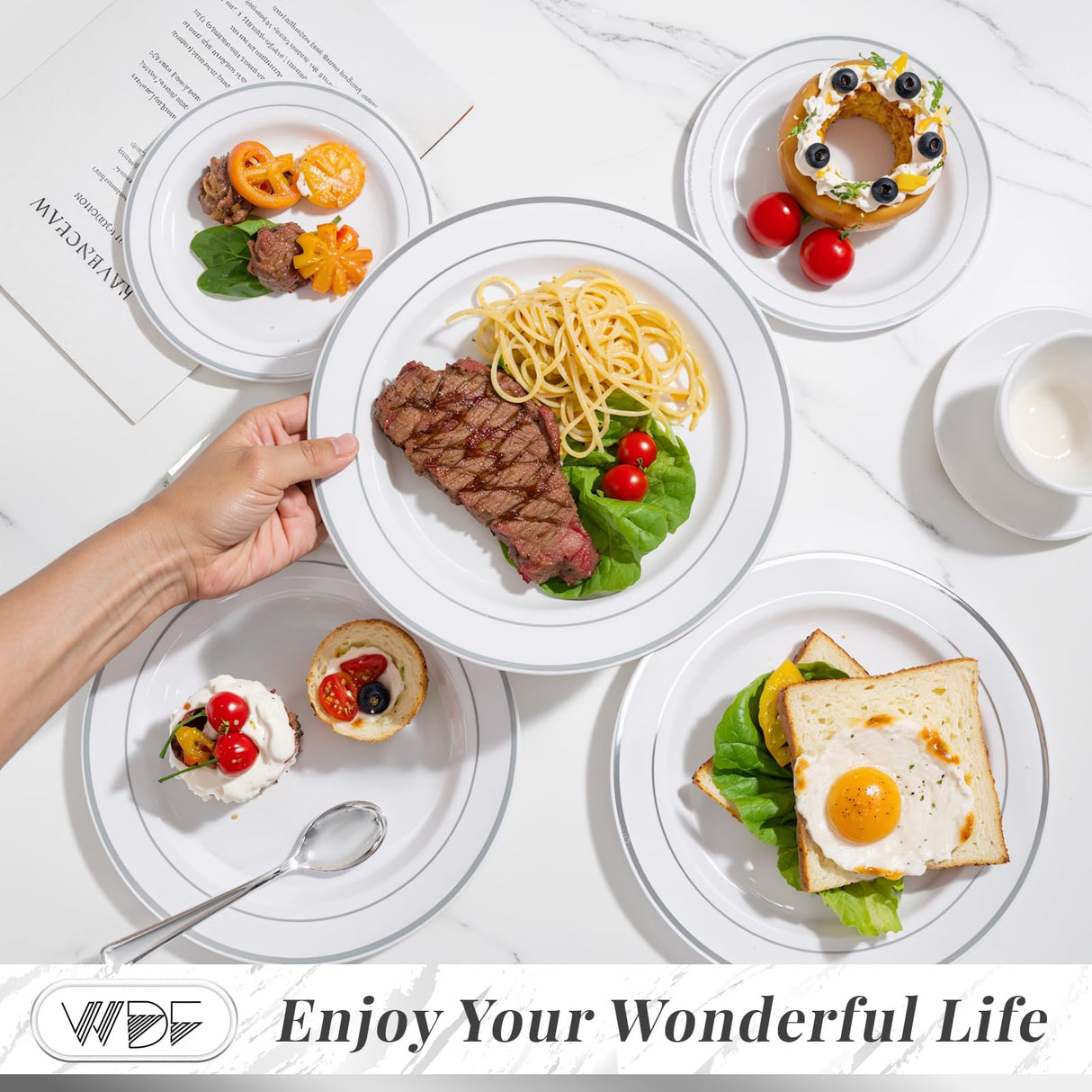 WDF 120PCS Plastic Christmas Plates White Silver Rim - Disposable Plates including 60PCS for Dinner 10.25inch, 60 Salad/Dessert Plates 7.5inch Heavy Duty Wedding