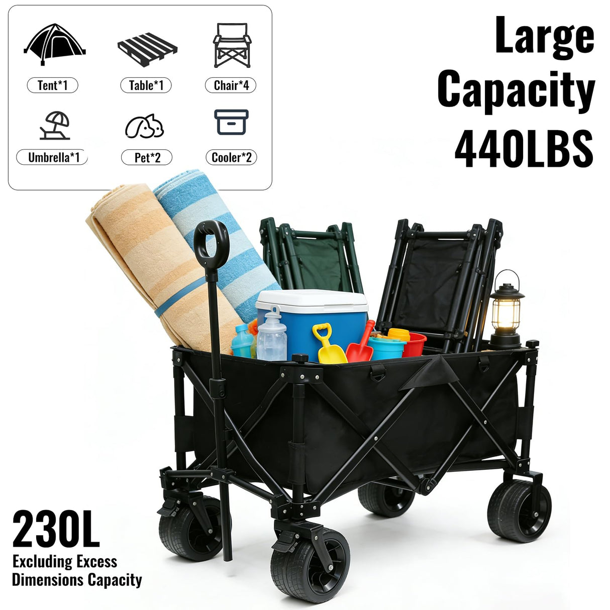 Collapsible Foldable Wagon Cart with Big Wheels and Tabletop, Large Capacity 440Lbs Folding Utility Wagon Carts for Sand, Beach, Camping, Shopping, Sport (Black)