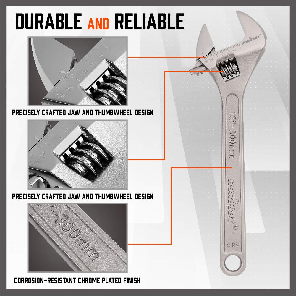 HORUSDY 4-Piece Adjustable Wrench Set, CR-V Steel, Adjustable Wrenches Set(6-inch, 8-inch, 10-inch, 12-inch)