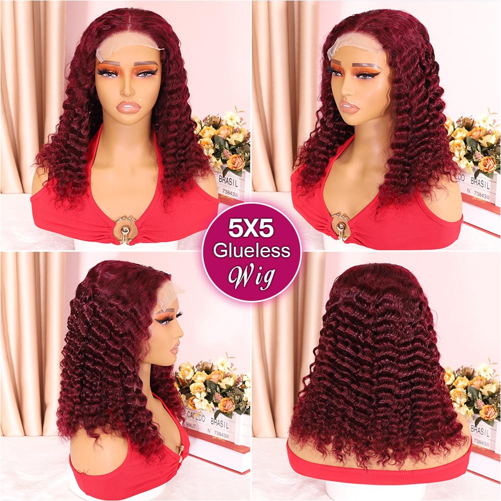 Ailwelia 99j Burgundy Deep Wave Bob Wig 200 Density 5x5 Hd Lace Closure Wigs Human Hair Curly Wigs For Women Deep Wigs Pre Plucked With Baby Hair Deep Wave Bob Burgundy Wig Glueless 14 Inch