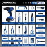 COMOWARE Household Tool Set with 20V Cordless Drill Driver, 120Pcs Hand Tool Kit for Men, Power Drill Set with Plastic Toolbox, Ideal for Office, Garden, DIY Project