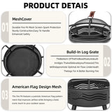 Breezz 32 Inch American Flag Fire Pit with Mesh Cover & Poker, Round Metal Wood Burning Outdoor Firepit for Patio, Garden, Backyard, Bonfire, Ideal for 4th of July, Memorial Day, Christmas