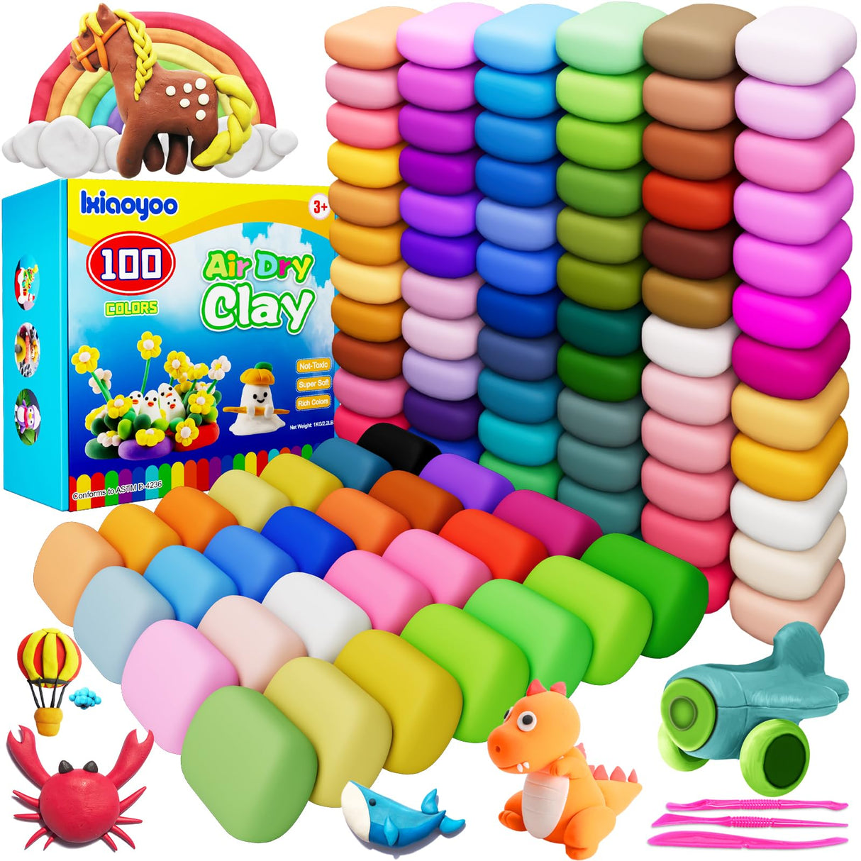 Ixiaoyoo Air Dry Clay, 100 Colors Modelling Clay for Kids, Safe & Non-Toxic, DIY Model Art & Crafts Toys with Sculpting Tools, Home Party Favors, Birthday & Christmas Gifts for Ages 3-12 Boys & Girls