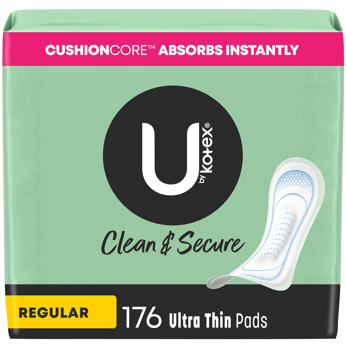 U by Kotex Clean & Secure Ultra Thin Pads, Regular Absorbency, 176 Count (4 Packs of 44) (Packaging May Vary)