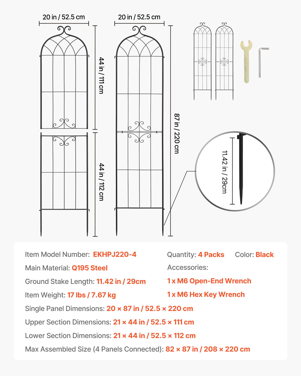 VEVOR 4 Packs Metal Garden Trellis for Climbing Plants Outdoor 87x21in, Rustproof Plant Tall Trellis for Rose Vine Flowers and Vegetables