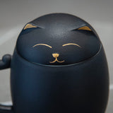 HEER Black Cat Tea Cup with Infuser and Lid, Cute Tea Mug with Strainer for Steeping Loose Leaf, Ceramic Teacup Birthday Christmas Cat Lover Gifts for Women, Men, Mom, Sisters, besties. (Black)