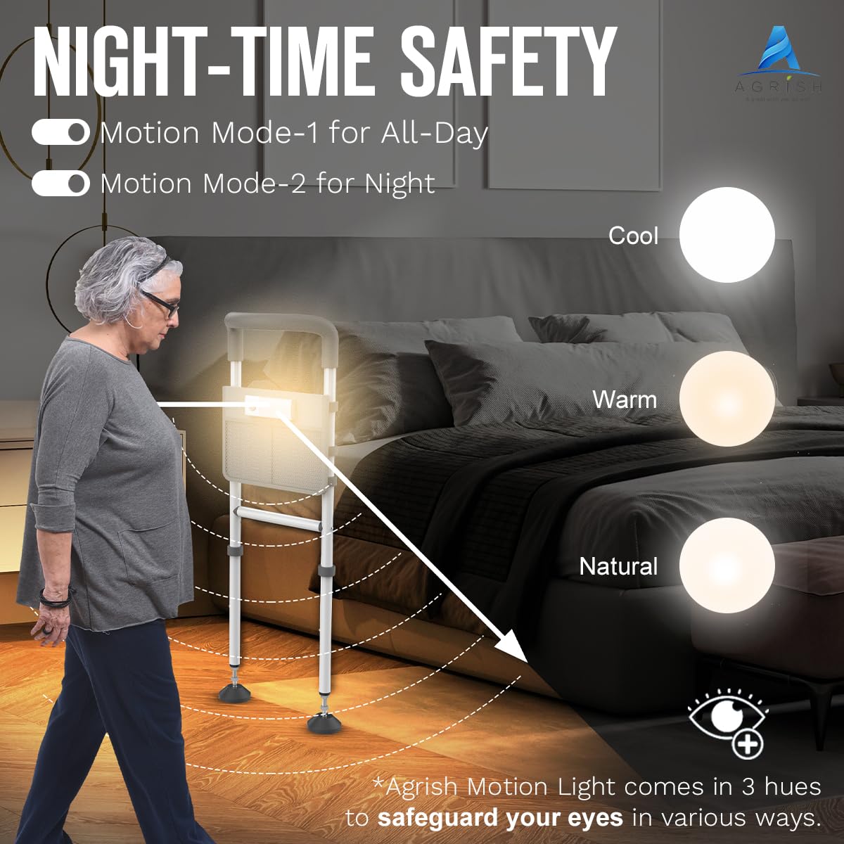 Agrish Bed Rails for Elderly Adults Safety - with Motion Light & Storage Pouch, Bedside Assist Bar with Support Legs for Seniors & Surgery Patients - Medical Bed Rail