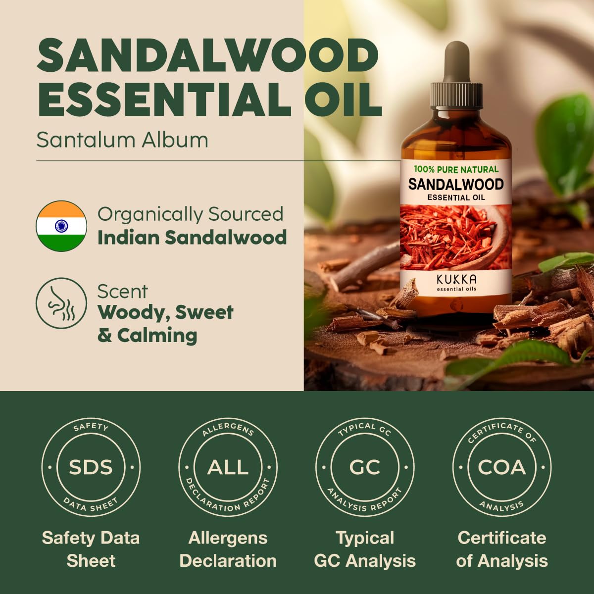 Kukka Sandalwood Essential Oil for Diffuser & Skin - 4 Fl Oz - 100% Pure Natural Sandalwood Oil, Woody Scent, for Massage, Perfume, Hair, Aromatherapy, Candle & Soap Making Scent DIY