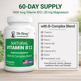 Dr. Berg Natural Vitamin B12 1000 mcg (Hydroxocobalamin) 60 Capsules – Energy, Brain & Nervous System Support* – w/B-Complex + Magnesium – 4X Lab Tested, GMO-Free, No Fillers