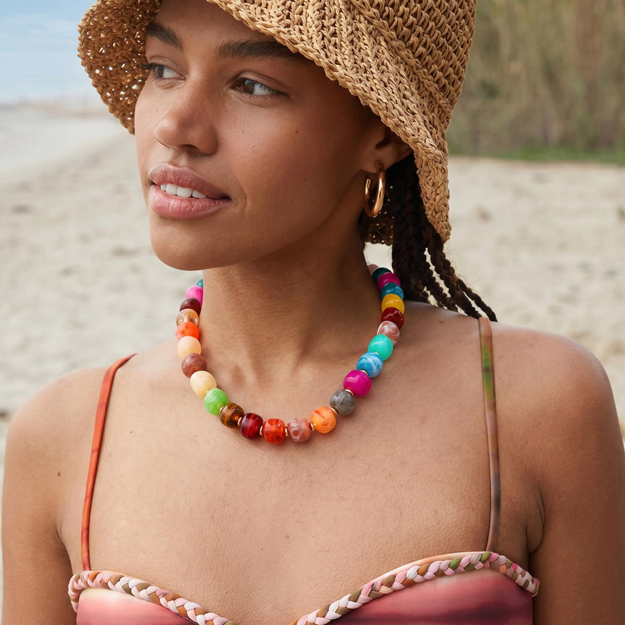 TENTMENTISE Colorful Beaded Necklace for Women, Gold Statement Choker Necklace, Chunky Bead Necklaces for Women, Womens Summer Beach Jewelry Gifts