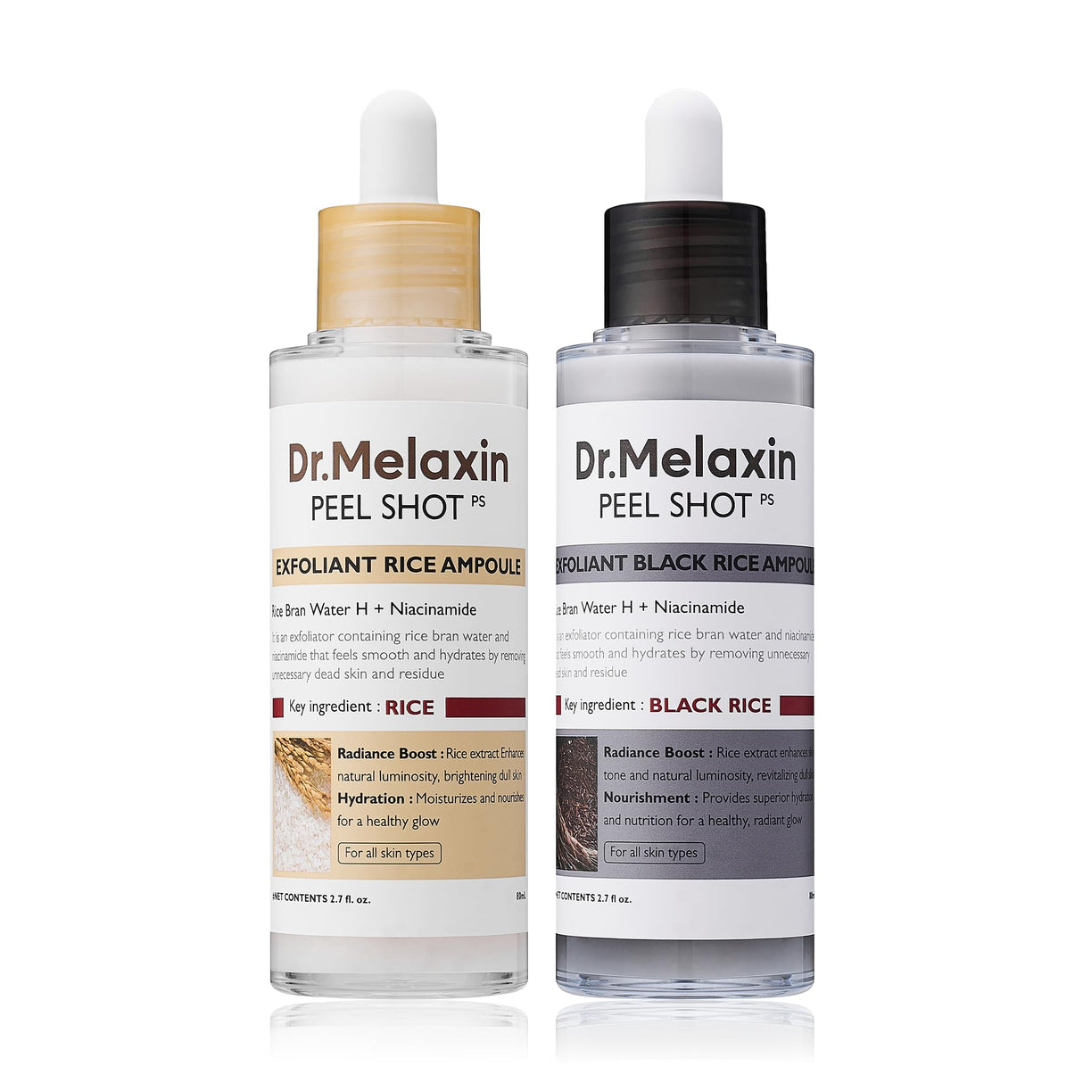 Peel Shot Glow Rice Ampoule Duo White rice ampoule+Black rice ampoule Soft Exfoliating Face and Body Scrub Dead Skin Cells, Blackheads Remover for All Skin Types