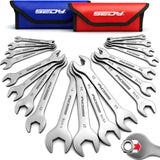 19-Piece Super Thin Open-End Wrench Set, SAE 1/4"-1-1/16" & Metric 5.5–27 mm, 3 mm Thickness Slim Wrench Set for Tight Spaces, Nickel Plated Flat Wrenches with Red & Blue Rolling Storage Pouches