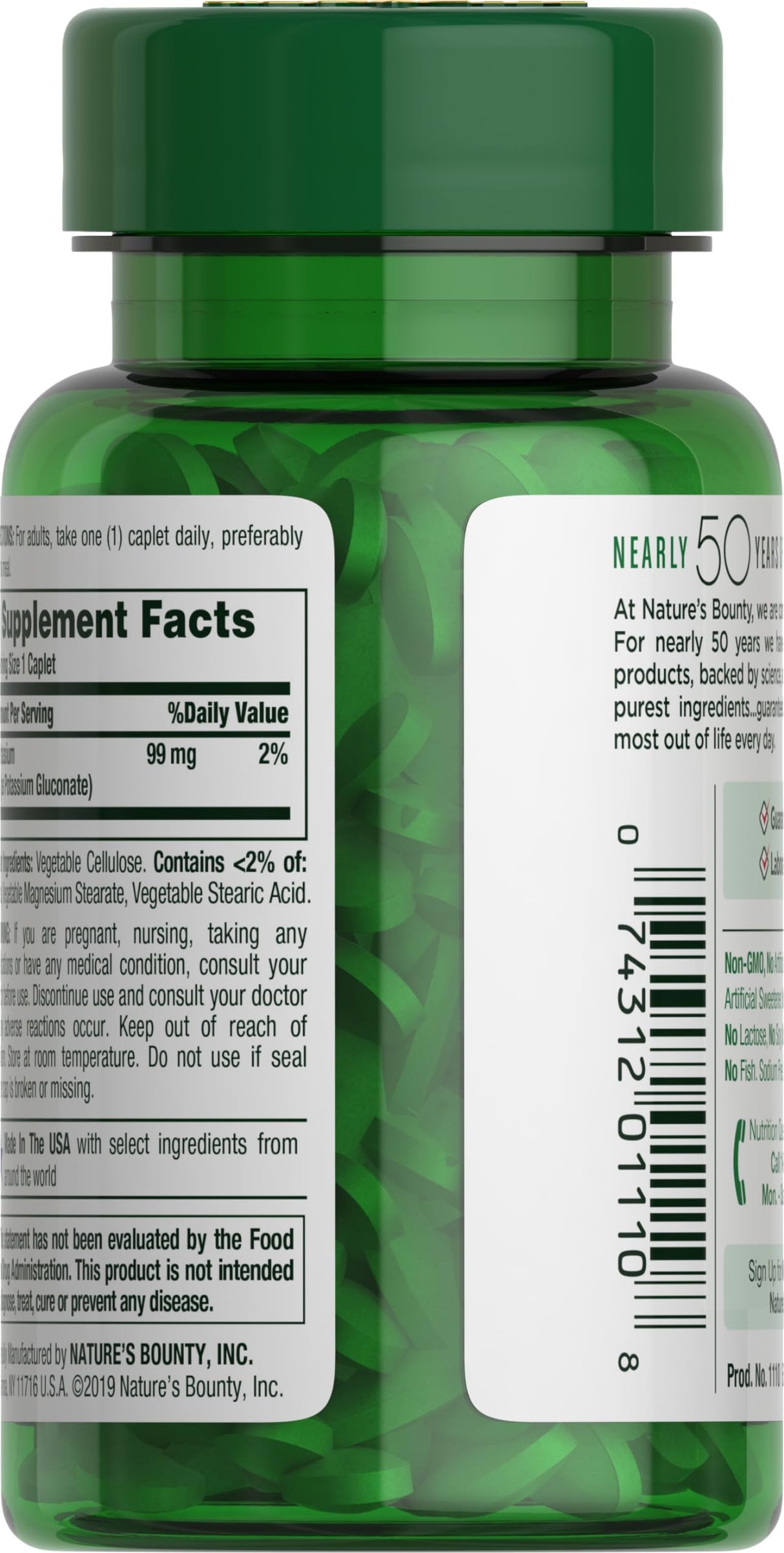 Nature's Bounty Potassium 99mg, Supports Fluid Balance and Muscle Activity, Involved in Normal Heart Function, Potassium Gluconate Dietary Supplement, 1 Per Day, 100 Vegetarian Caplets (Pack of 3)