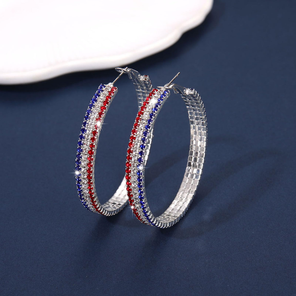 4th of July Earrings Sparkle Rhinestone Hoop Earrings Patriotic Red White and Blue Earrings Glitter Crystal Stainless Steel Hoop Earring for Women American Flag Jewelry