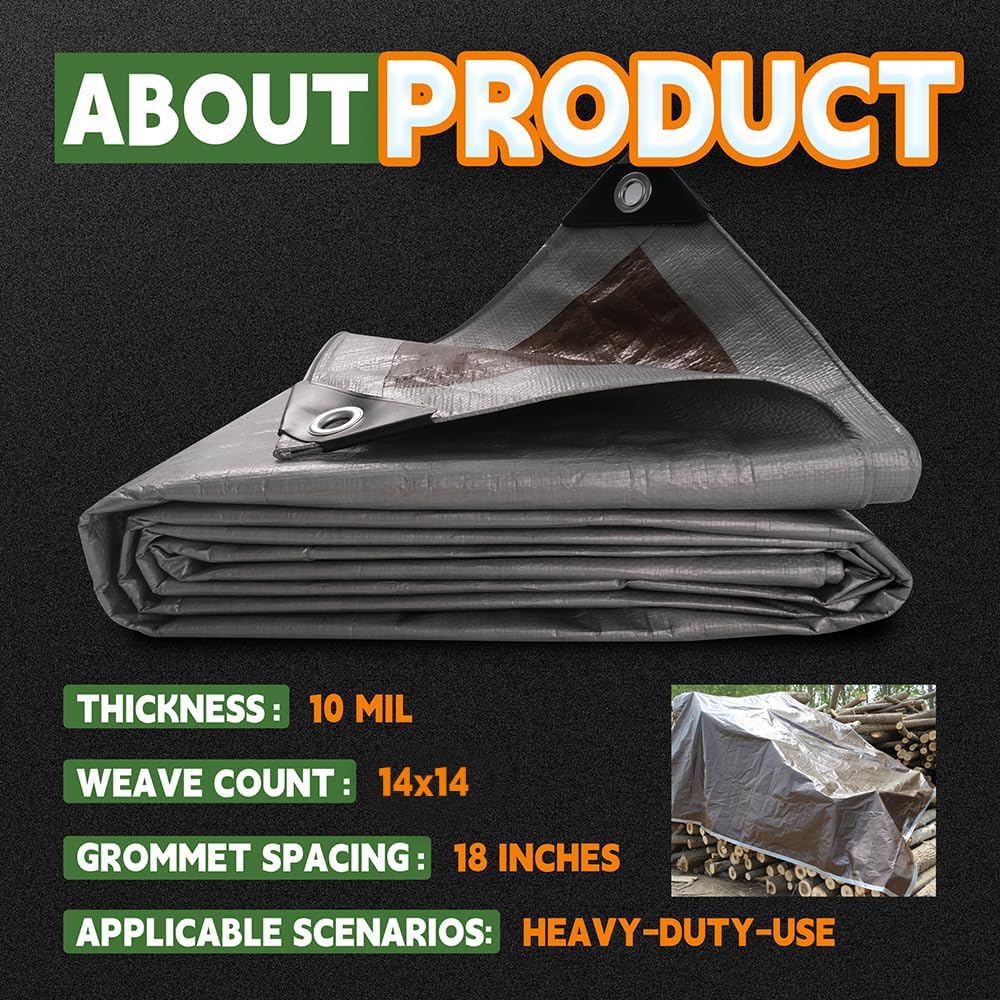 RAINDEWAY 10x12 Feet Tarps Heavy Duty Waterproof,10Mil Thick Multipurpose Poly Tarp Cover with Metal Grommets and Reinforced Edges,Silver/Brown Tarp