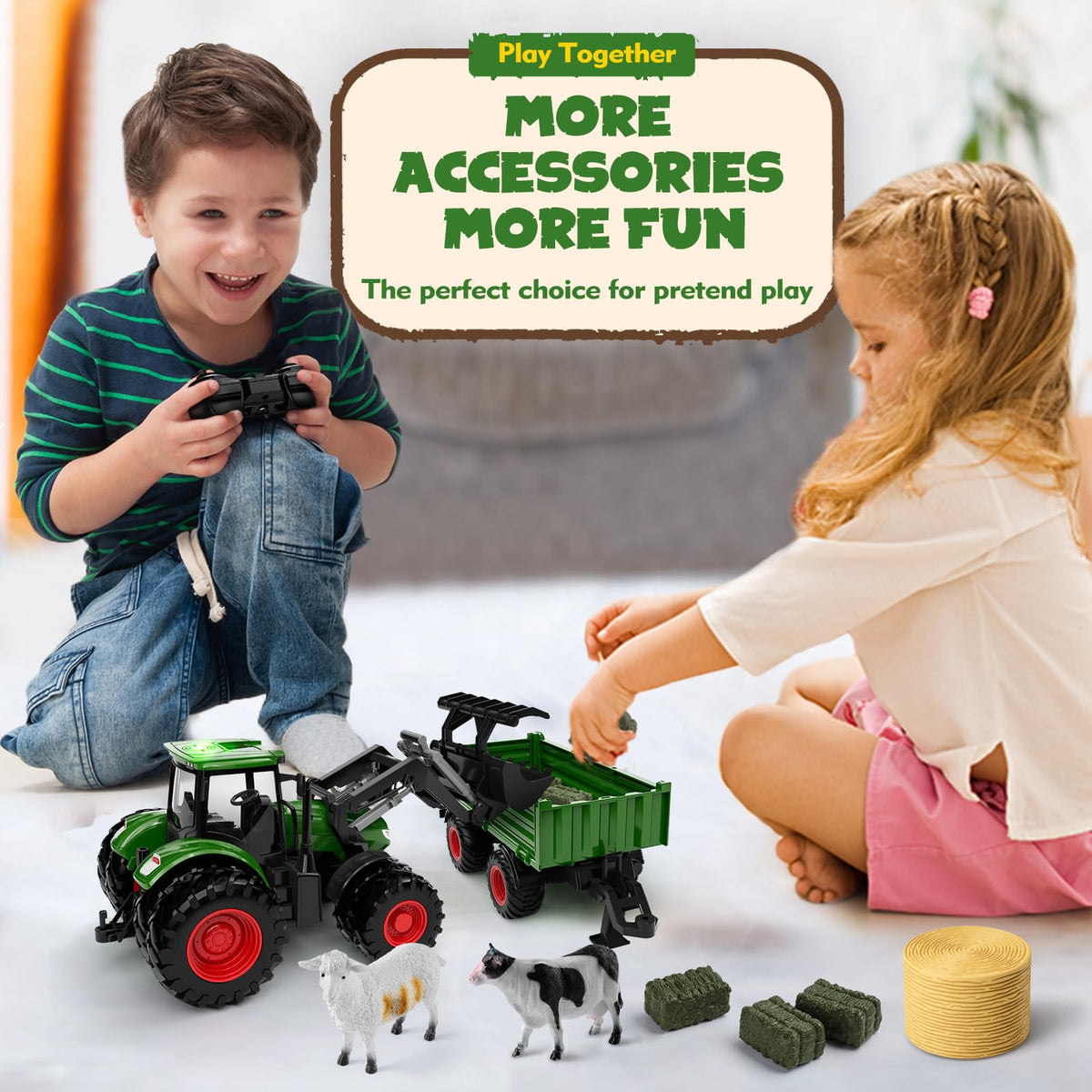 Uarzt Remote Control Tractor Toy with Trailer | Metal Front & Front Loader Farm Vehicle Set with Lights & 8-Wheel Design, RC Tractor Truck for Boys Ages 3-9, Fun Farm Toy Gift for Kids