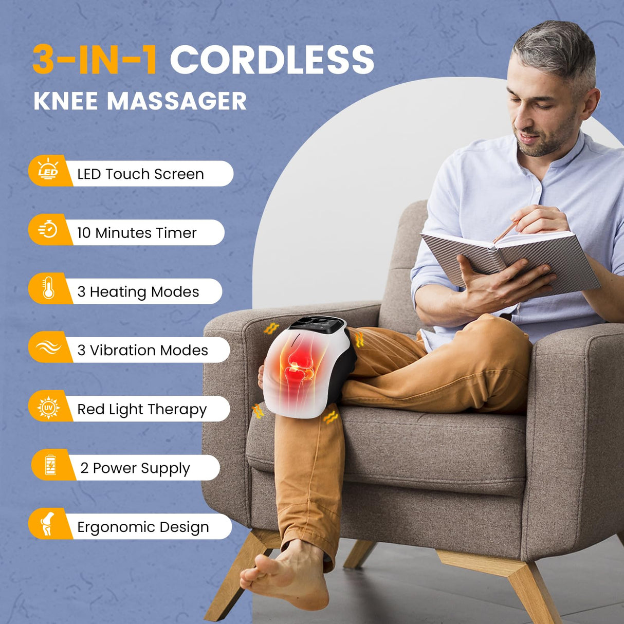 Pokytcox Knee Massager, Large LED Screen, Adjustable Temperature,Cordless Knee Massager with Heat and Vibration, Portable Massager for Knee Discomfort, Longer Knee Straps 48CM