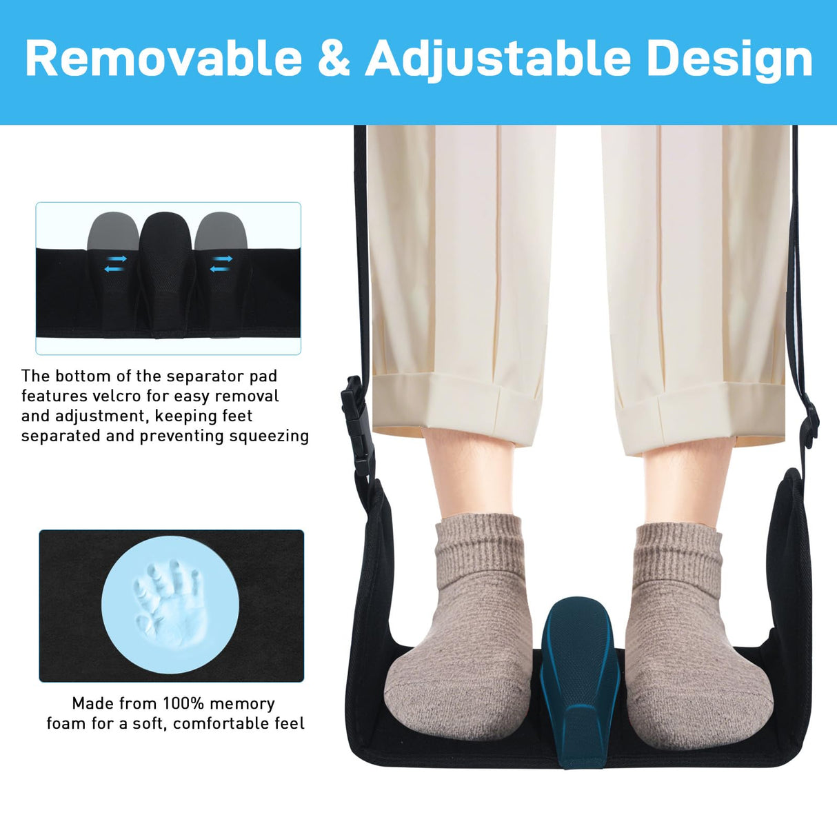 Airplane Foot Hammock, Foot Hammock for Travel Accessories with Ergonomic Removable Foot Divider Design, Airplane Foot Rest, Premium Comfortable Memory Foam & Hardboard for No Feet Clashing
