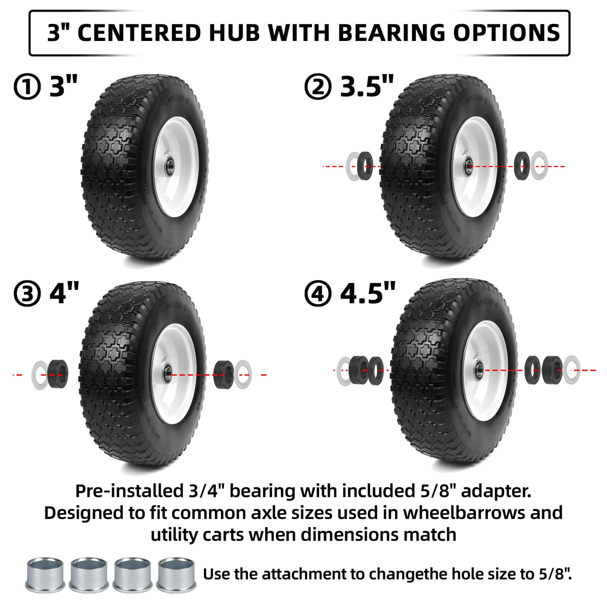 AR-PRO (2 Pack) 4.10/3.50-6 Flat Free Tire and Wheel, Solid Tire with Steel Rim, 3" -6.25 Centered Hub, 3/4" Bearing with 5/8" Adapter, for Wheelbarrow, Hand Truck & Utility Equipment