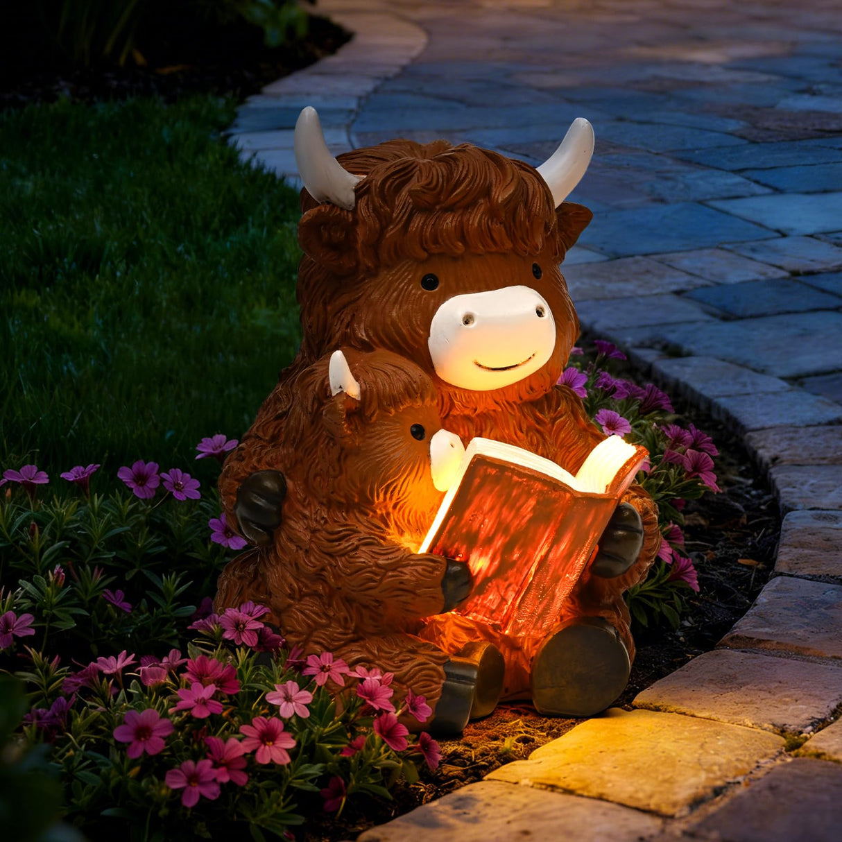 GIGALUMI Solar Highland Cow Decor 8" Garden Statue, Outdoor Decor, Decoration with Light for Patio Yard Lawn Balcony, Christmas/Birthday Gifts for Mom Women