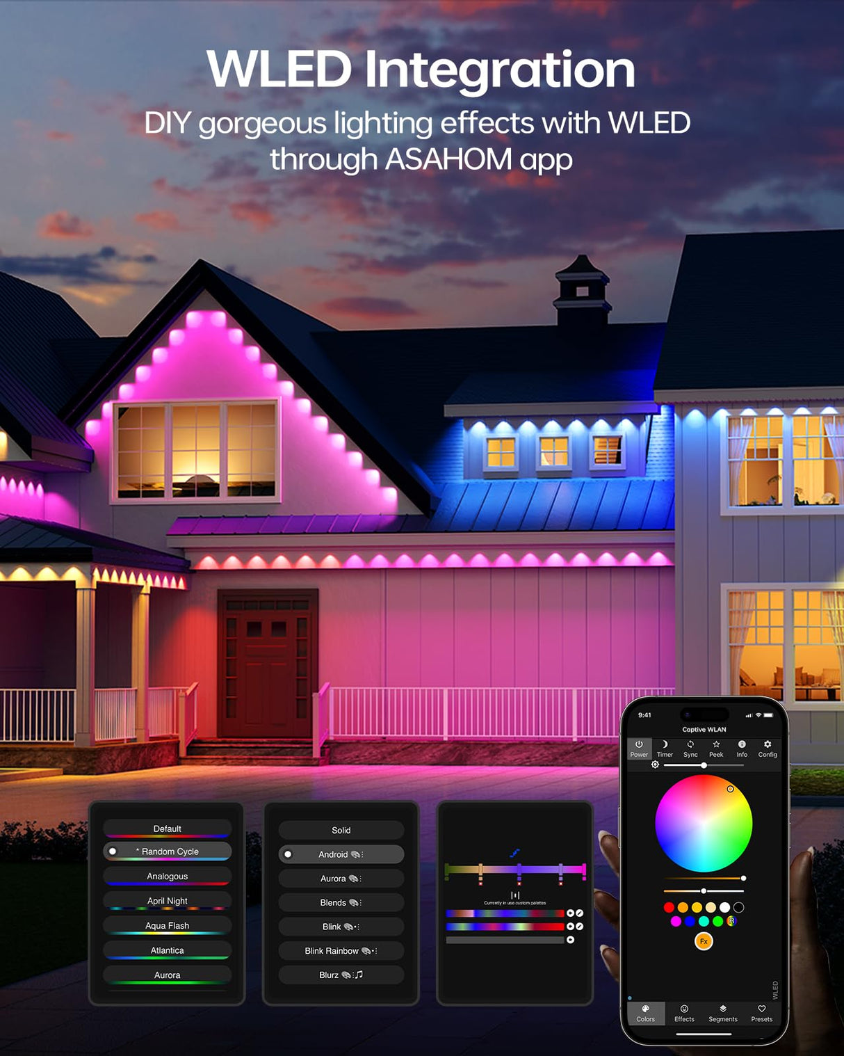 ASAHOM Permanent Outdoor Light Pro S108B, 100FT with 72 RGBCW 70lm LED, WLED Integration, AI Lighting, 30000 Lighting Effect Combination, IP67 Waterproof for Halloween Christmas and Daily Decor, White